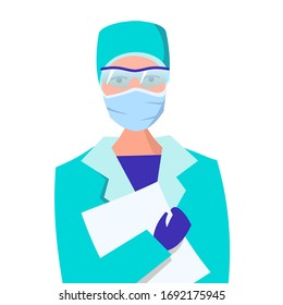 Female doctor in a mask and glasses. Vector character, design concept of a doctor in protective overalls. Protection from viruses and bacteria. A woman in a medical cap, lab coat and gloves.