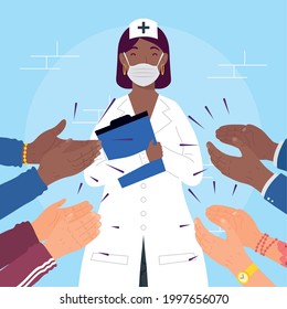 Female doctor with mask and hands clapping