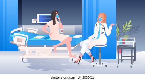 female doctor in mask and protective suit examining woman patient on bed covid-19 pandemic concept