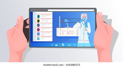 female doctor in mask and protective suit working with test tube on tablet screen vaccine development