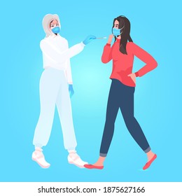 female doctor in mask taking swab test for coronavirus sample from woman patient PCR diagnostic procedure covid-19 pandemic concept full length vector illustration