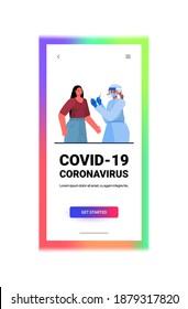 female doctor in mask taking swab test for coronavirus sample from woman patient PCR diagnostic procedure covid-19 pandemic concept portrait vertical vector illustration