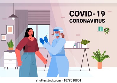 female doctor in mask taking swab test for coronavirus sample from businesswoman patient PCR diagnostic procedure covid-19 pandemic concept portrait horizontal vector illustration