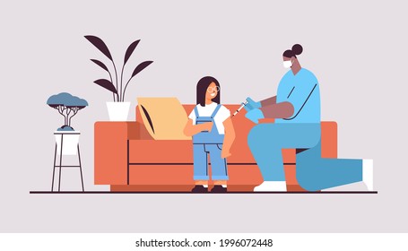 female doctor in mask vaccinating little child patient fight against coronavirus vaccine development concept