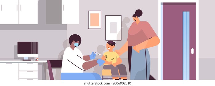 female doctor in mask vaccinating little child patient fight against coronavirus vaccine development concept