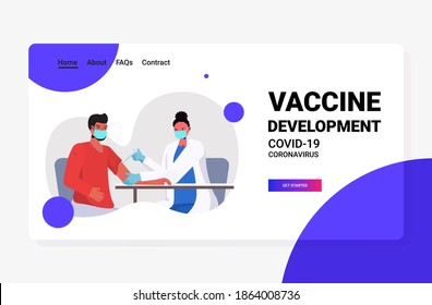 female doctor in mask vaccinating male patient fight against coronavirus vaccine development concept copy space portrait horizontal vector illustration