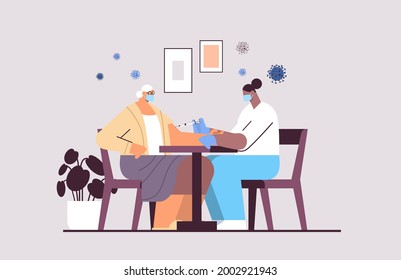 female doctor in mask vaccinating senior woman patient fight against coronavirus vaccine development concept