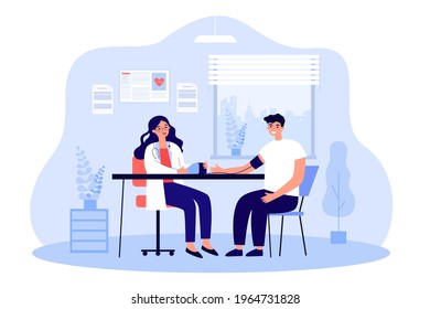 Female Doctor Measuring Blood Pressure Of Patient At Clinic. Ill Or Sick Person Sitting At Physicians Office, Getting Consultation. Cartoon Vector Illustration. Cardiology, Hospital Or Medical Concept