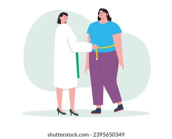 Female doctor measuring waist of obese woman, consultation for diet with medical treatment. Character design. Vector flat illustration