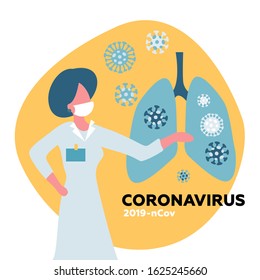 Female Doctor with medical face mask shows coronavirus CoV in lungs. Health and medicine concept. Flat vector illustration