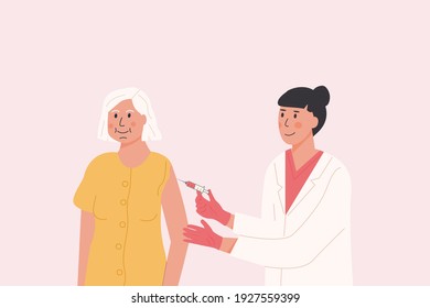 Female doctor in medical gown and gloves gives vaccine shot to elderly patient. Vaccination campaign. Concept illustration for immunity health. Covid Coronavirus jab. Flat illustration.
