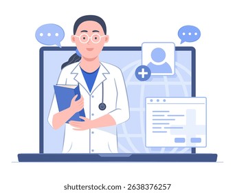 Female Doctor in Medical Gown Uniform Holding Medical File for Health Check-up via Telemedicine Technology and Healthcare Concept Illustration