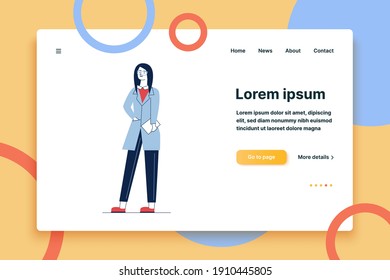 Female doctor with medical history. Physician in glasses and white coat flat vector illustration. Occupation, medicine, healthcare concept for banner, website design or landing web page