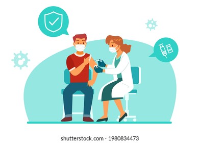 Female doctor with medical mask giving a vaccination to male patient. Covid-19, Coronavirus vaccination concept.