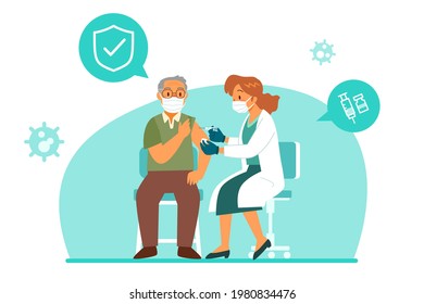 Female doctor with medical mask giving elderly man a vaccination. Covid-19, Coronavirus vaccination concept.