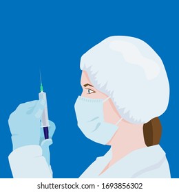 A female doctor in a medical mask holds a syringe. Nurse makes an injection, vaccination, treatment of patients, vector illustration