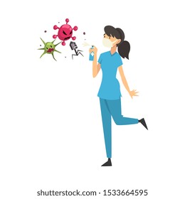 Female doctor in medical mask kills viruses with balloon cartoon vector illustration