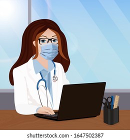 Female doctor in medical mask with stethoscope sits at desk using computer. Vector illustration.
