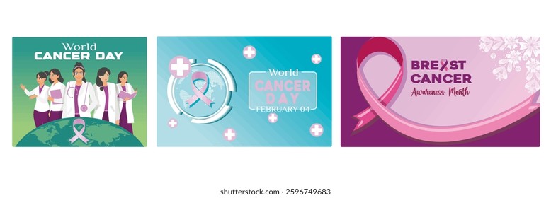 Female doctor and medical personnel with cancer awareness ribbon. Pink ribbon and world map symbolizing World Cancer Day. Support and fight against breast cancer. World Cancer Day concept.