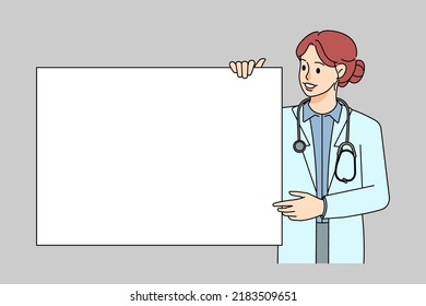 Female doctor in medical uniform holding banner with blank copy space. Smiling woman nurse show mockup placard or paper. Recommendation or advertising. Vector illustration. 