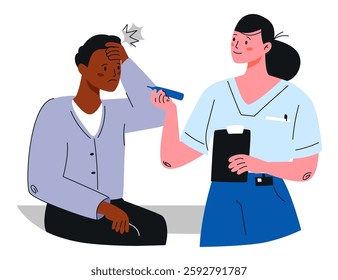 Female doctor in medical uniform measuring male patient temperature with thermometer. Man with fever holds head in discomfort. Concept of medicine and illness treatment. Flat vector illustration.