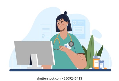 Female doctor in medical uniform. Woman with sthetoscope and pills. Therapist at workplace. Healthcare and medicine, diagnosis. Flat vector illustration isolated on white background