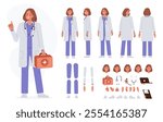 Female doctor, medical worker, therapist in hospital. Character constructor for animation. Front, side and back view set. Body parts, postures, poses collection. Vector illustration.