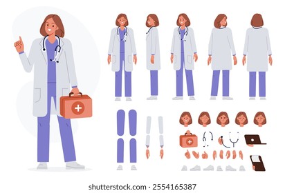 Female doctor, medical worker, therapist in hospital. Character constructor for animation. Front, side and back view set. Body parts, postures, poses collection. Vector illustration.