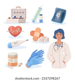 Female doctor and medication vector illustrations set. Drawings of medical professional, pills, vaccine syringe, thermometer, X-Ray scan, bandage and plaster. Medicine, profession, healthcare concept