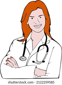 Female doctor with nice smile and redhair. She have folded arms. Vector illustration