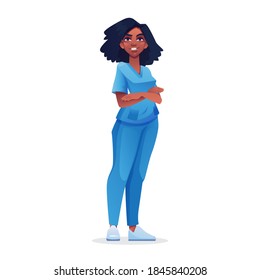 Female doctor nurse in blue uniform isolated afro american woman. Vector practitioner or pediatrician, therapist medic, healthcare clinic worker. Black african woman, emergency aid character