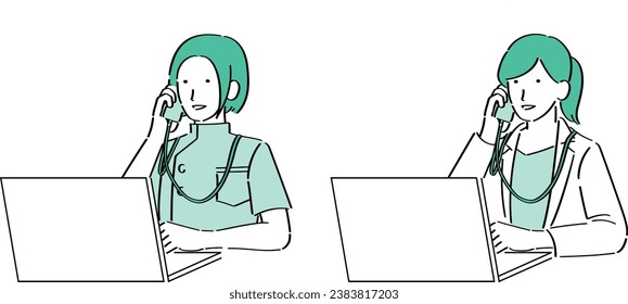 A female doctor and nurse call while operating a PC