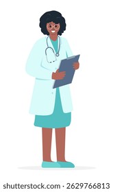 Female Doctor or nurse character with dark skin isolated on white background. Hospital or clinic worker or scientist wearing uniform with stethoscopes.  Vector illustation.