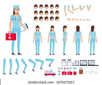 Female doctor, nurse creation kit. Create your own pose, action, animation. Various emotions, gestures, design elements. Flat design vector illustration