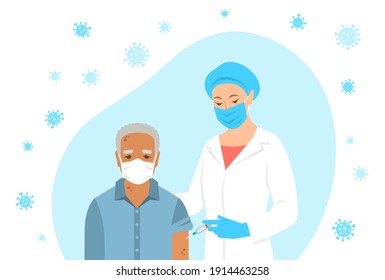 La médica o enfermera da una vacuna al hombro del paciente en el hospital. Médico usando jeringa para inyectar a un anciano con mascarilla. Concepto de vacunación de coronavirus. Ilustración vectorial plana