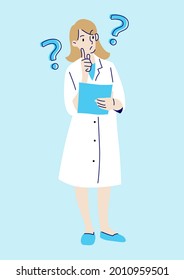 Female doctor or nurse hold document and thinking. Healthcare and medical. Hand draw style. Vector illustration.