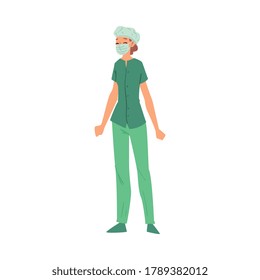 Female Doctor or Nurse, Medical Worker Character Wearing Uniform and Disposable Surgical Face Mask Vector Illustration on White Background