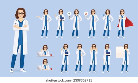 Médica o enfermera en diferentes poses ilustraciones vectoriales en fondo azul