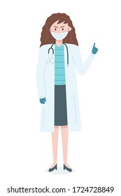 Female doctor or nurse in uniform wearing medical mask with her hand with index finger pointing up. Vector illustration in flat style isolated on white background 