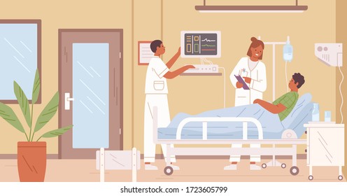 Female Doctor And Nurse Visit Male Patient In Intensive Therapy Room At Hospital Vector Flat Illustration. Cartoon Medical Personnel Working At Clinic Interior. Sick Man With Dropper Lying On Bed