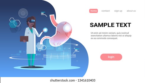 female doctor nurse wearing digital glasses touching virtual reality stomach human organ anatomy medical vr headset vision concept full length horizontal copy space