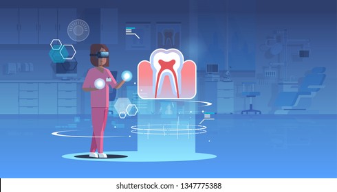 female doctor nurse wearing digital glasses looking virtual reality tooth human organ anatomy healthcare medical vr headset vision concept operation room interior full length horizontal