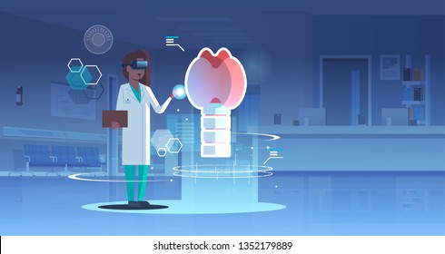 female doctor nurse wearing digital glasses looking virtual reality thyroid gland human organ anatomy medical vr headset vision concept operation room interior full length horizontal