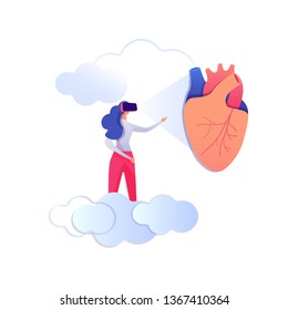 Female Doctor Nurse Wearing Digital Glasses Stand on Clouds Touching Virtual Reality Heart Isolated on White Background. Human Organ, Anatomy, Medical Vr Headset. Cartoon Flat Vector Illustration.
