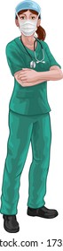 A female doctor or nurse woman medical healthcare professional in scrubs uniform character with arms folded and serious but caring look. Wearing face mask PPE