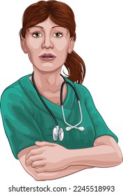 A female doctor or nurse woman medical healthcare professional in scrubs uniform character with arms folded and serious but caring look.