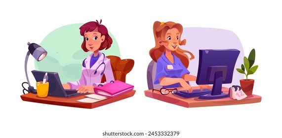 Female doctor and nurse working on computer isolated on white background. Vector cartoon illustration of medic providing telemedicine consultation online, staff keeping medical records on laptop