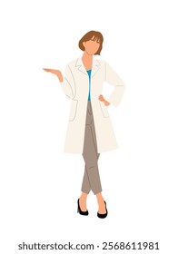 Female doctor, nurse. Young woman medic worker in white lab coat. Flat cartoon vector illustration isolated on transparent background.