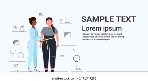 female doctor nutritionist measuring fat obese woman waist body medical consultation obesity weight loss concept flat full length horizontal copy space