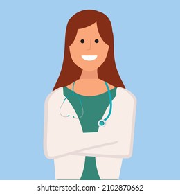 Female doctor on a blue background for website design. Vector isolated image for use in clipart and any type of design